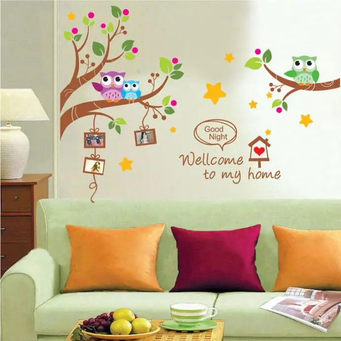 

Cartoon Cute Creative Colorful Owls Tree Photo Frame DIY Wall Stickers Kids Bedroom Nursery Mural Decal Wallpaper XY1159