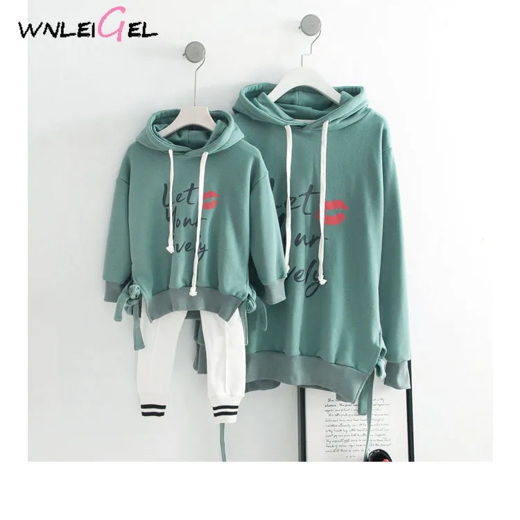 

WLG family matching clothes mother and daughter letter printed hoodies white green casual clothes