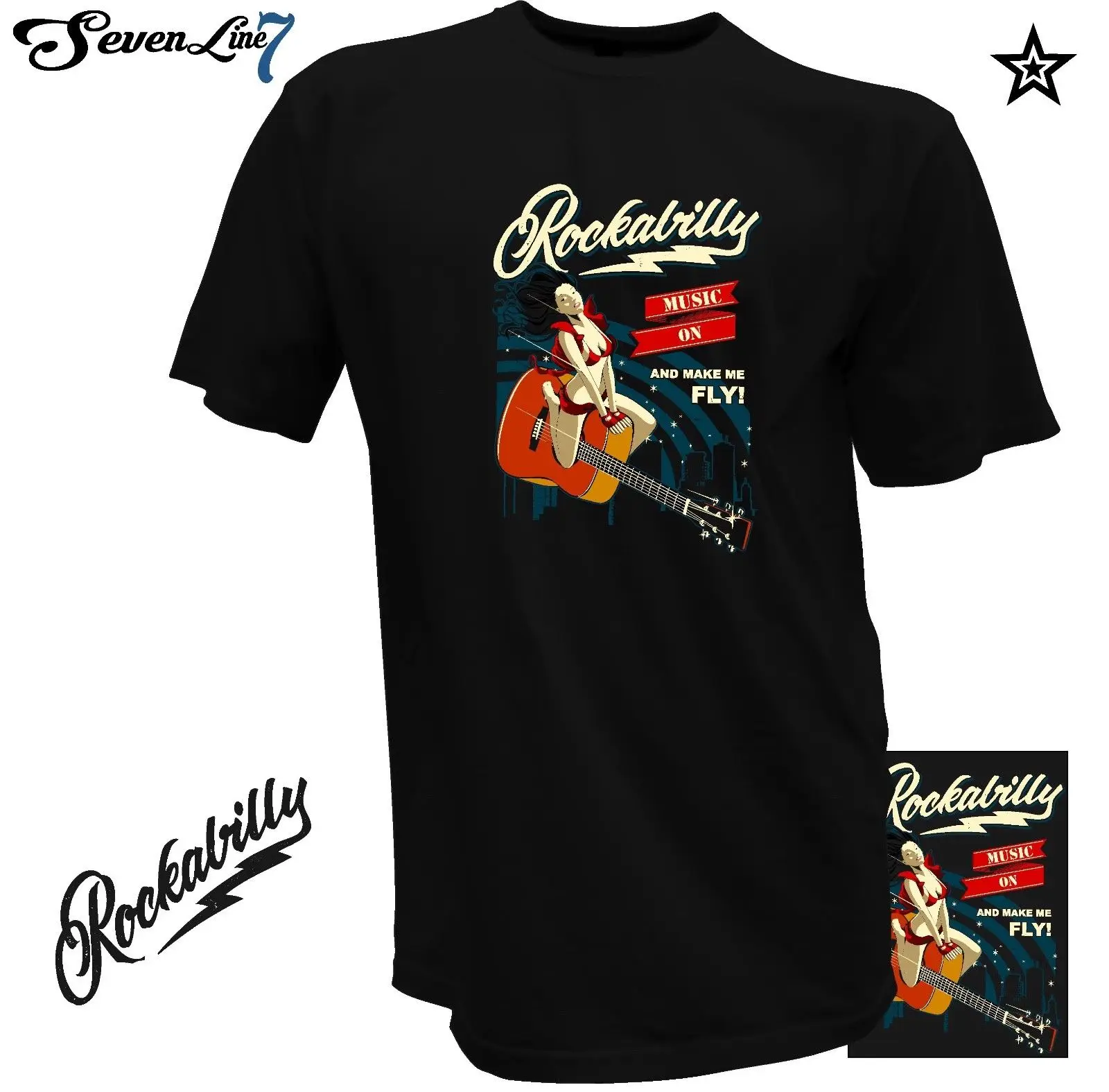 

Hot Sale Men T Shirt Fashion T-Shirt Pin Up Girl Hot Rod Rockabilly Rockabella Musik Gitarre Oldschool V8 USA Summer O-Neck Tops