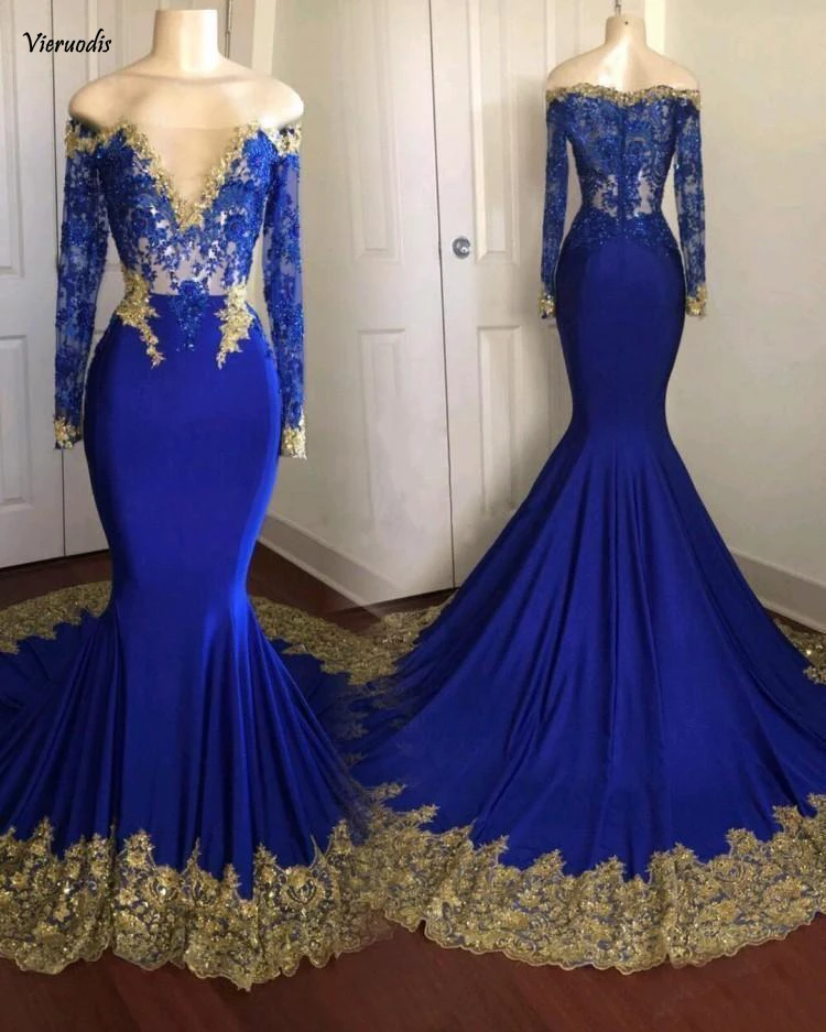 127-1             2018 sexy cheap royal blue prom dress plus size dresses gold appliques vestidos de fiesta long sleeve prom dresses