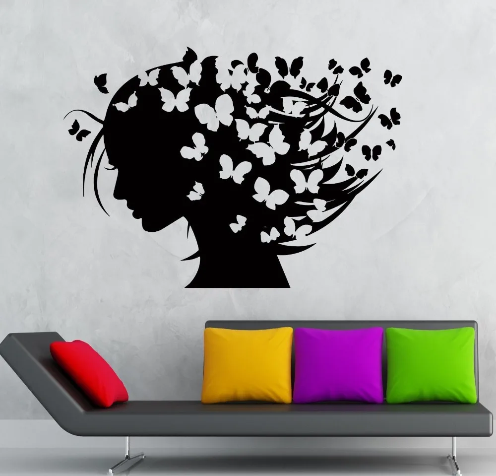 

Hot Room Decoration Wall Sticker Beauty Girl Butteryfly Hair Vinyl Mural Decals Fashion Removable Wall Decal KW-191