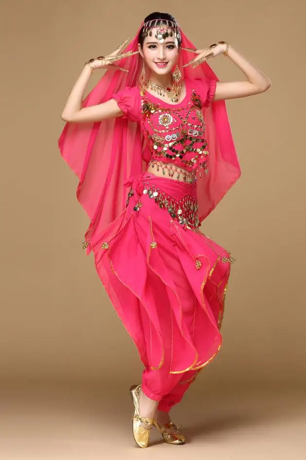 Комплект из 4 предметов, сексуальный Египетский танец живота, костюм Болливуд, индийское платье, платье для танца живота, женские костюмы для танца живота - Цвет: Розовый