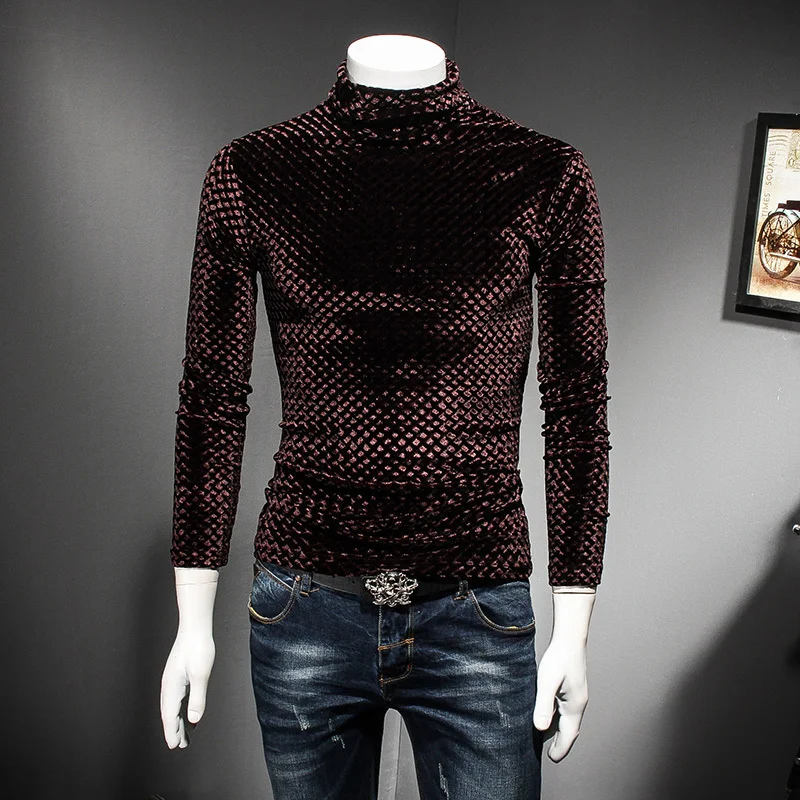 

Luxury Solid Black Coffee Slim Fit Turtle Neck T-Shirt Men 2018 Autumn Winter Slim Fit Plaid Tshirt Club Outfit Camisa Masculina