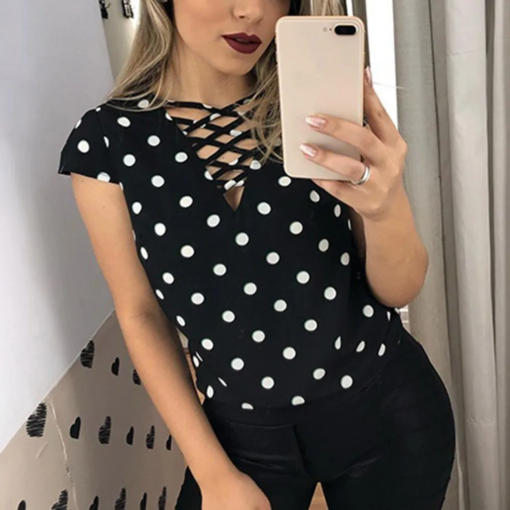 

2019 Summer Women's T-Shirt Fashion Sexy V-Neck Casual Tunic Top Dot Print Short Sleeve Ladies Tee Shirt Slim Tee Tops
