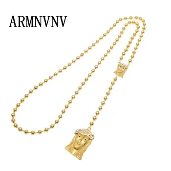 

ARMNVNV Hip Hop Gold Tone Stainless Steel Jesus Head Pendant Bead Chain Jesus Christ Rosary Long Necklace Mens Womens Jewelry