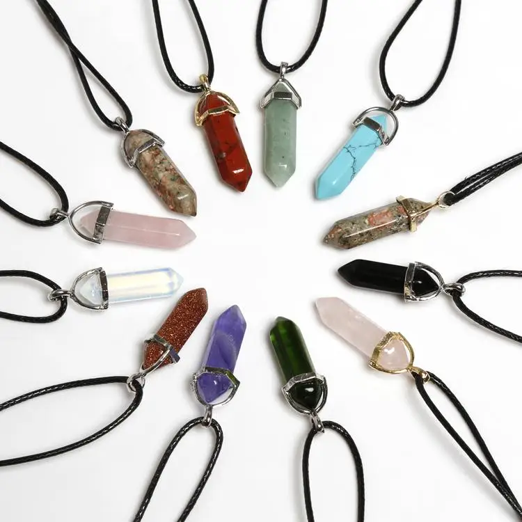 

New 1Pcs Natural Crystal Hexagonal Stone Unisex Pendant Necklace With Leather Rope Fashion Jewelery Accessories