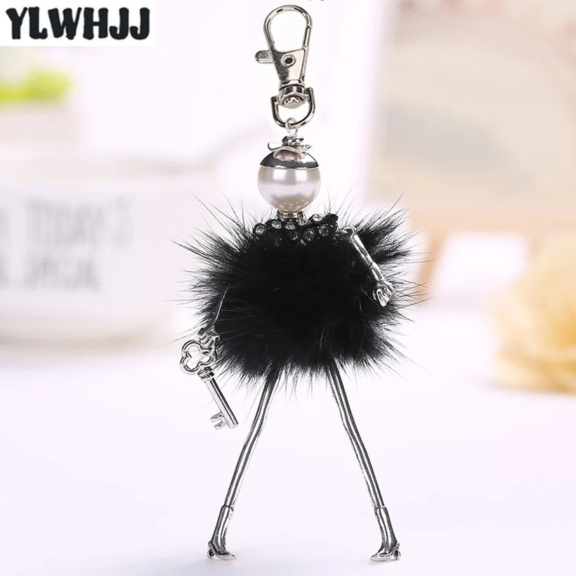 

YLWHJJ brand women bag red black keychain rhinestones girl couple doll alloy car fluffy key chains cute baby fur fashion jewelry
