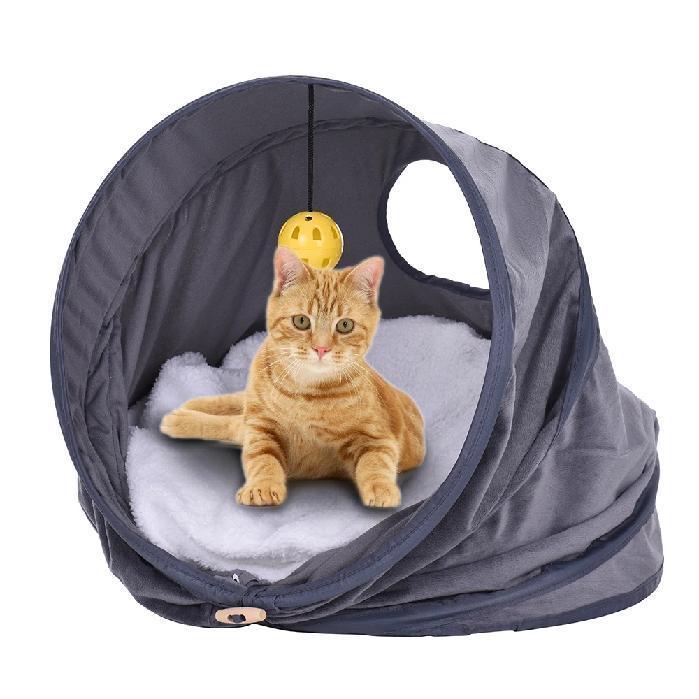 Pet Cat Tent Hanging Bell Bed House Castle Nest Roll Tunnel Toy Warm