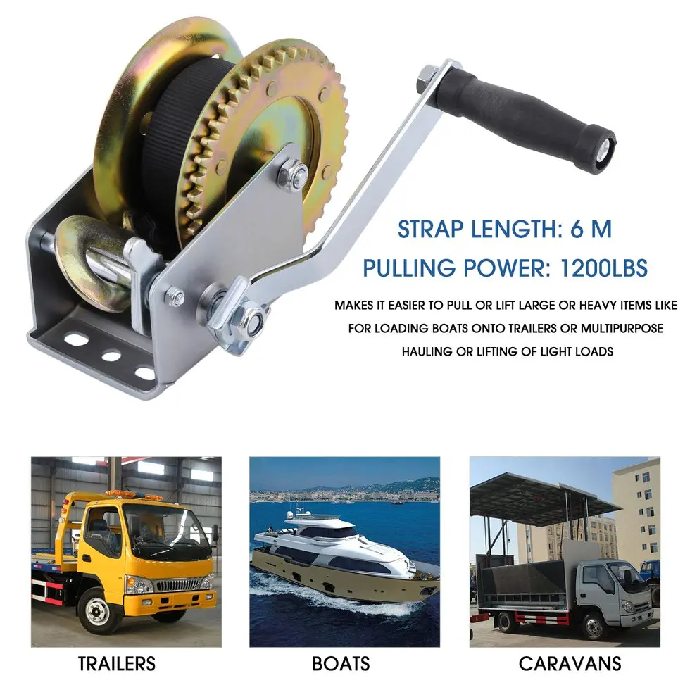 

Heavy Duty 1200lbs*6m Boat Truck Auto Hand Manual Winch Smooth Action Ratcheting Handle Easy Pulling Lifting Sling