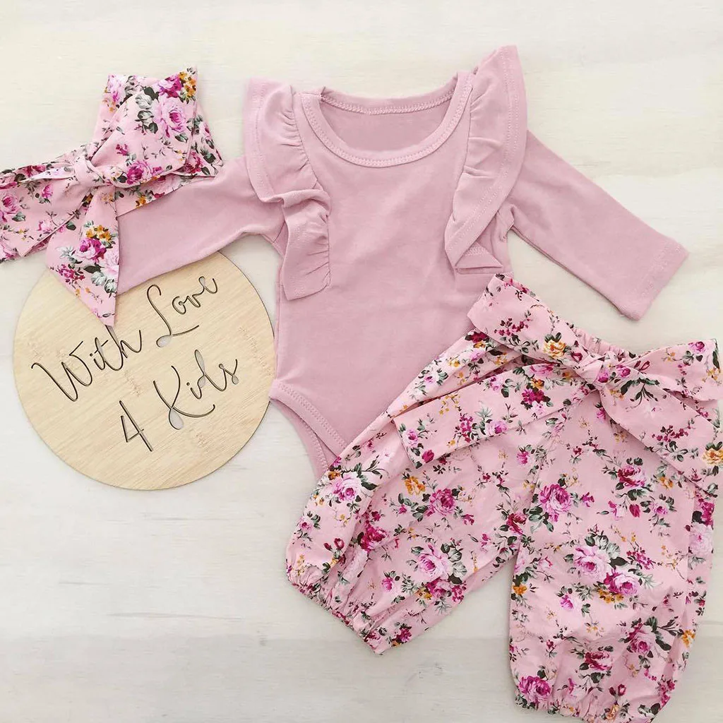 

Newborn Baby Girl Clothes Fashion Long Sleeve Floral Print Bow Baby Girl Set Casual Romper Pants Headband Infant Clothing Set
