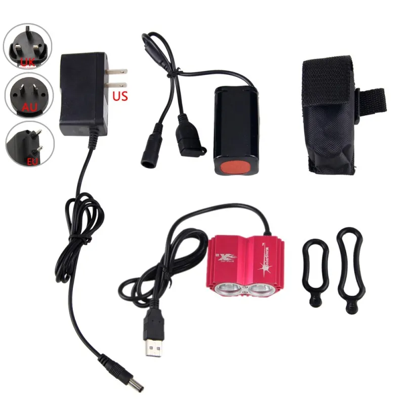Discount 5V USB Charging 8000 Lumens  T6 LED Bike Light 4 Modes Headlight Night Safe Cycling Lamp+ 4x18650 Battery Pack+Charger 2