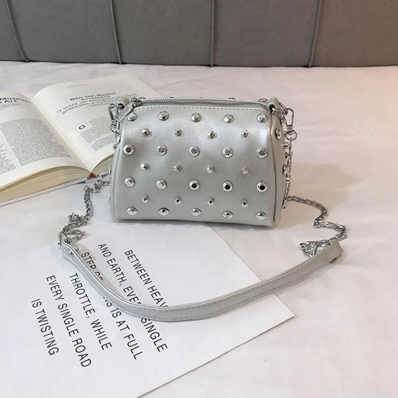 Yogodlns Bags For Women New Fashion Rivet PU Leather Women Bag Diamonds Shoulder Messenger Bag Chains Small Flap Crossbody Bag