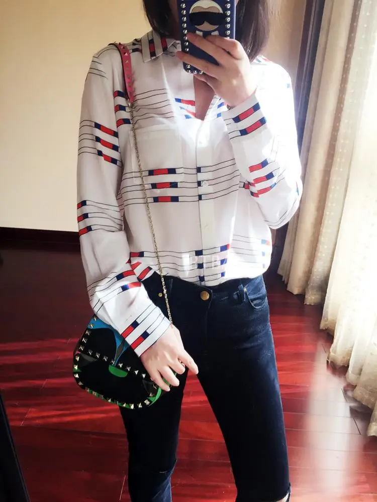 New 100 silk white blue fresh striped print font b women b font long sleeve font