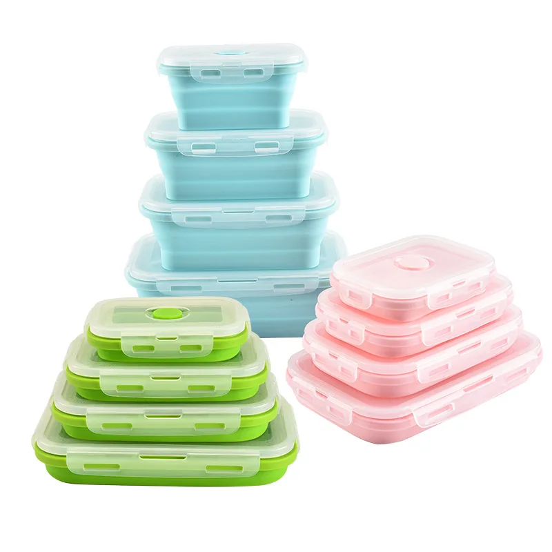 4Pcs/set Silicone Folding Box Bento Portable Collapsible Lunch Box For Food Container Bowl For School Children Adult Dinnerware