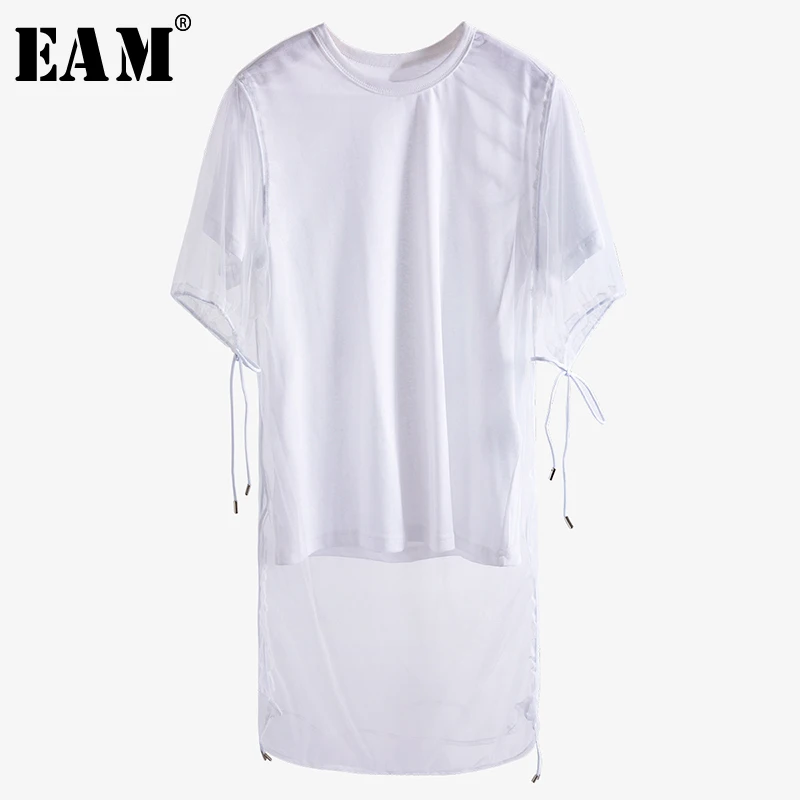 

[EAM] 2019 New Spring Summer Round Neck Short Sleeve Mesh Stitc Back Long Drawstring Loose T-shirt Women Fashion Tide JT8140