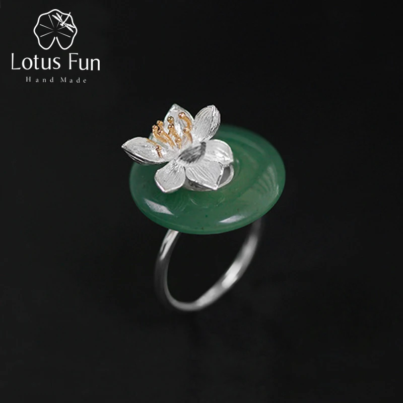 

Lotus Fun Real 925 Sterling Silver Jewelry Natural Green Stone Handmade Fine Jewelry Lotus Whispers Femme Ring for Women Brincos