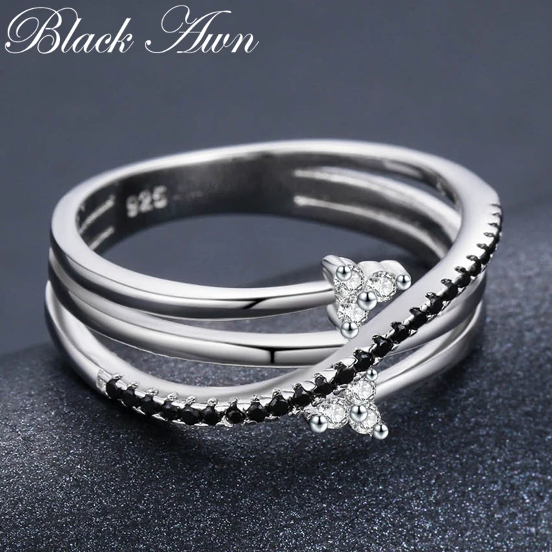 Black Awn романтическое Новое 925 пробы Серебряное ювелирное изделие Bague Row черное шпинель лист обручальное кольцо для женщин Bijoux GG005