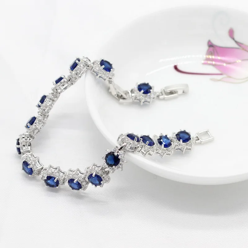 Синий кристалл белый CZ серебряные ювелирные изделия Цвет Браслеты для Для женщин шкатулка b412