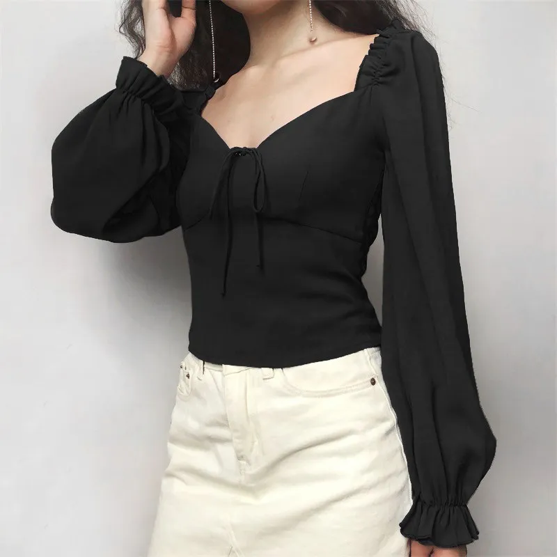 

2019 Summer Women Square Collar Ruffles Casual Blouse Short Vintage Puff Sleeve Solid Shirt Sweet Frill Elastic Lace Up Top