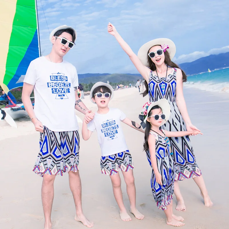 

Family 2018 new summer beach women vintage long blue dress kids party dresses for girls clothes set mother daughter dresses