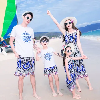 

Family 2019 new summer beach women vintage long blue dress kids party dresses for girls clothes set mother daughter dresses