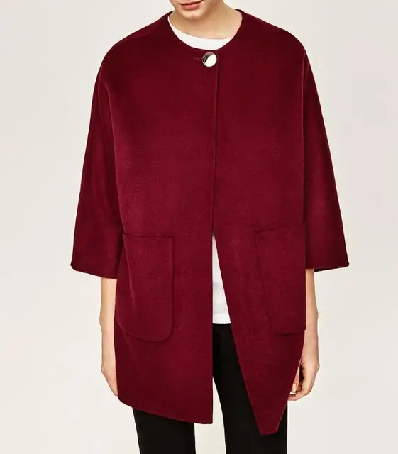 2017 Spring New Simple Style Womens Burgundy Red Handmade Wool Round Collar Coat With Patch 