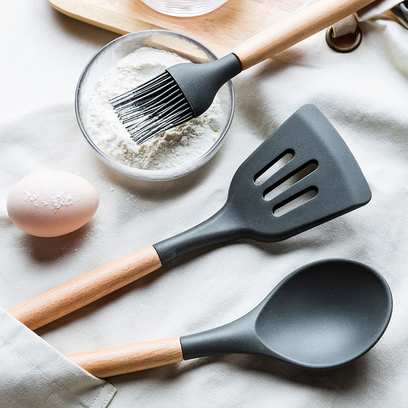 Food Grade Silicone Wood Handle Cooking Utensils Cookware Kitchen Cooking Tools Spatula And Ladle kitchen utensils