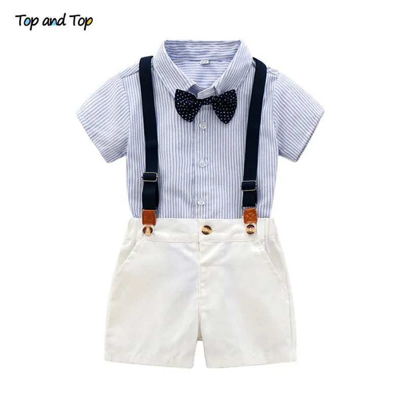 

Top and Top Summer Baby Shorts Set Gentleman Suit Short Sleeve Sleeve Striped Shirt with Bow Tie+Overalls Casual Clothes Set