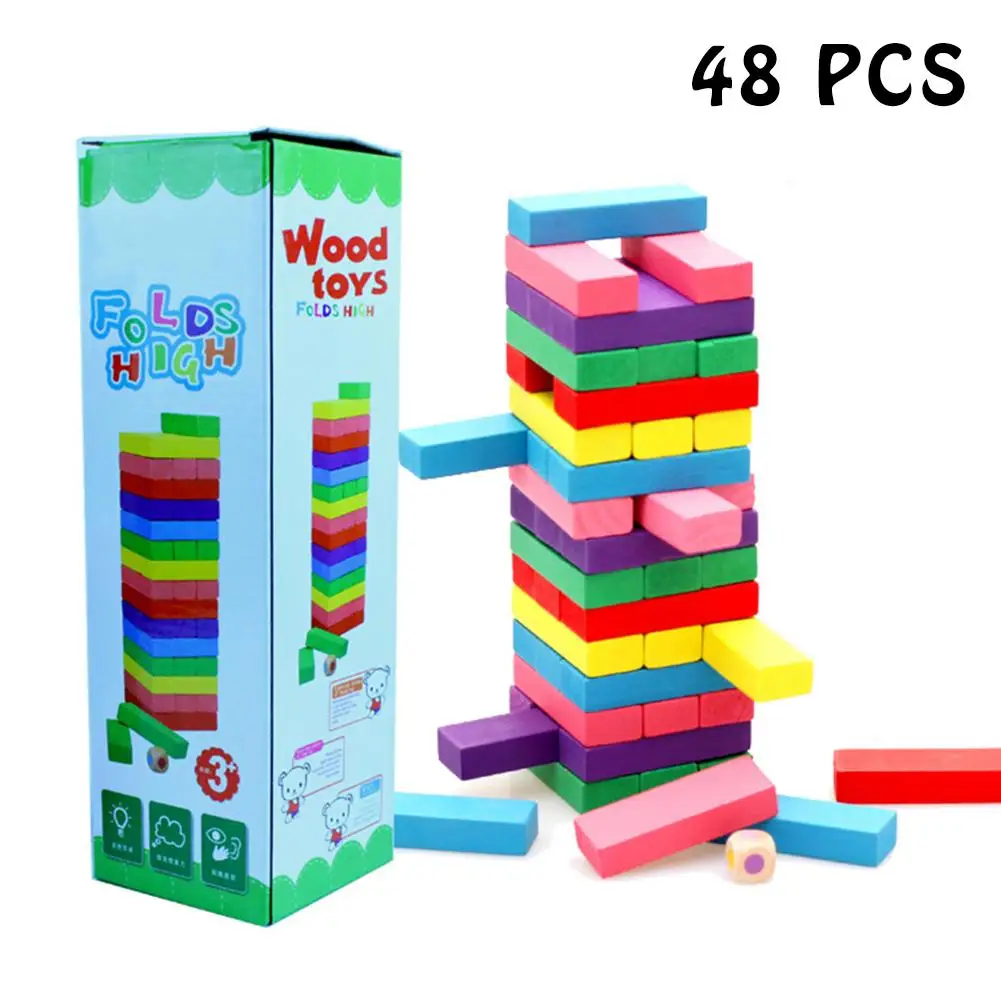

48PCS Wooden Large Color Pulling Blocks Children Educational Toys Funny Kids Toys Block Building Set