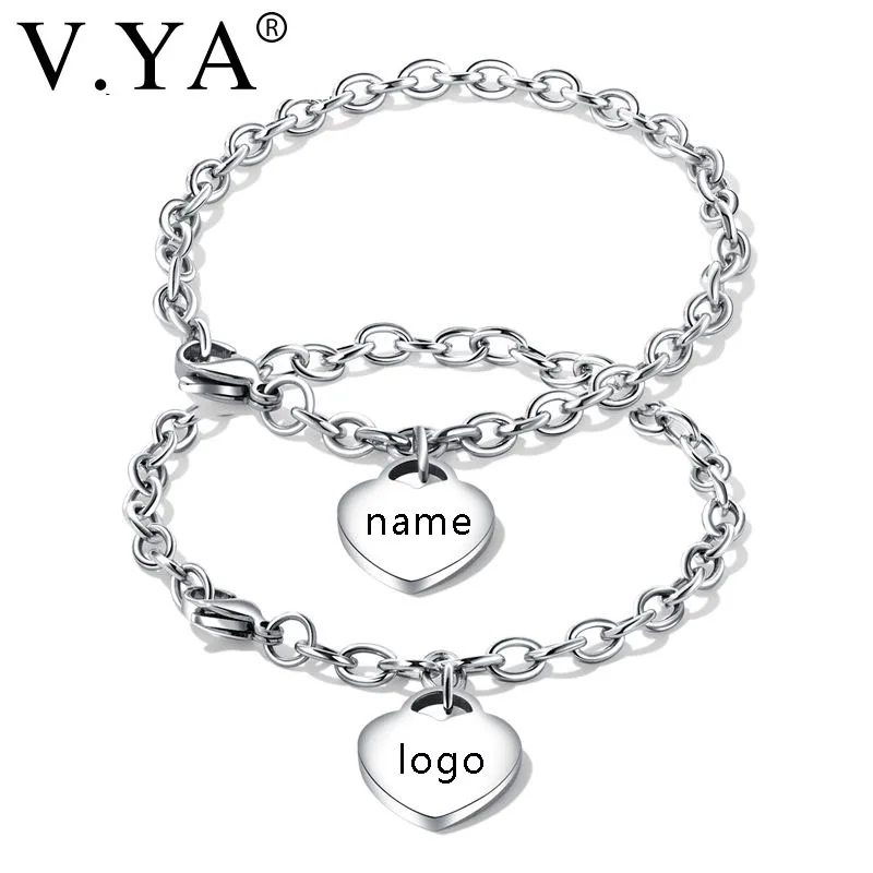 V.YA Personalized Heart Couple Bracelets for Women Men DIY Engraved Name Stainless Steel Chain Link Bracelets Jewelry Dropship