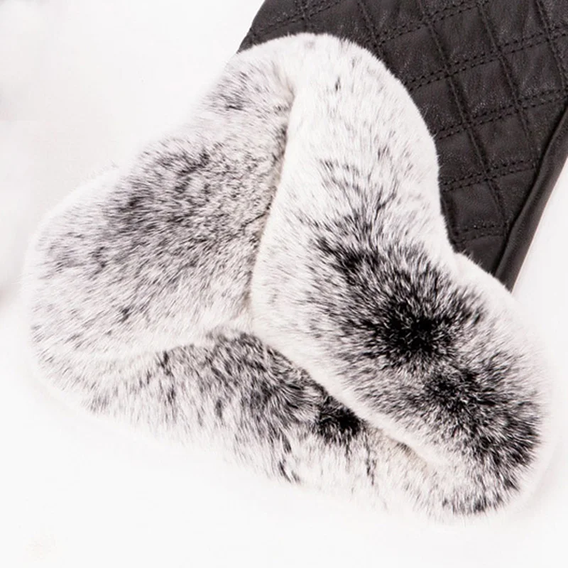 Роскошные импортные Настоящее Рекс кролика кожаный Перчатки Женщины Черный овчины Пояса из натуральной кожи зимние перчатки из