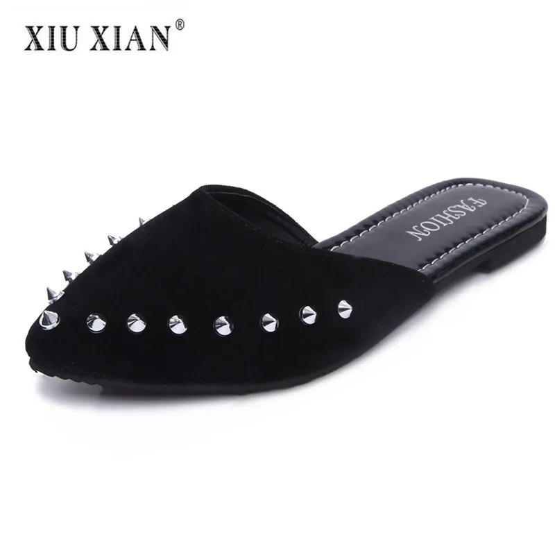 

2018 New Arrived Suede Women Flat Slippers Rivet Pointed Cover Toe Non Slip Spring Summer Shoe Fashion Lady Home Office Slippers
