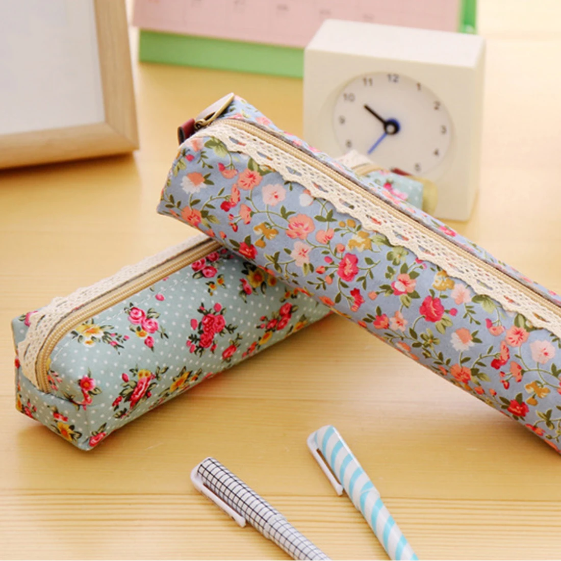 

FangNymph Kawaii Pencil Bag Cute Floral Flower Canvas Zipper Pencil Cases Lovely Fabric Flower Pen Bags School Supplies