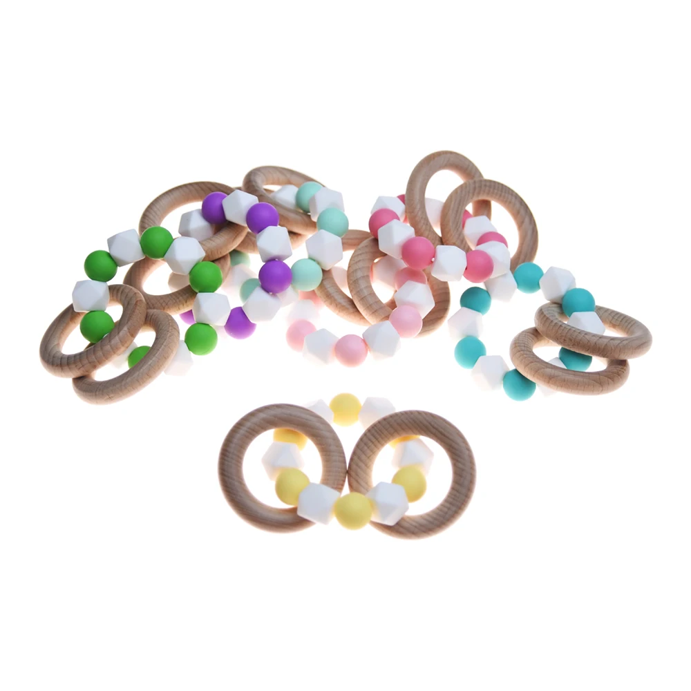 

Happyfriends 1pcs Beech Wooden Ring Silicone Round Hexagon Beads Teething Bracelets Rattle Baby Teethers Jewelry