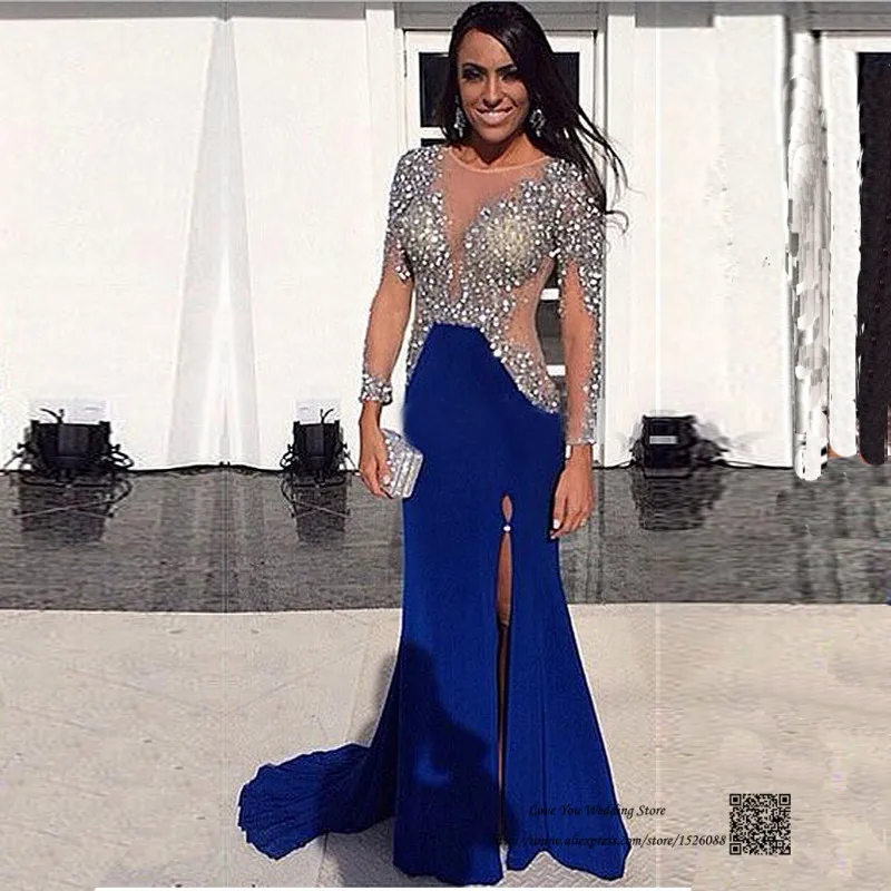 

Sexy Royal Blue Long Sleeve Evening Dress Crystal Mermaid Prom Dresses 2016 See Through Vestido de Festa Longo Formal Women Gown