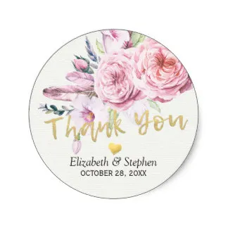 

3.8cm Wedding Thank You Watercolor Boho Floral Feather Classic Round Sticker