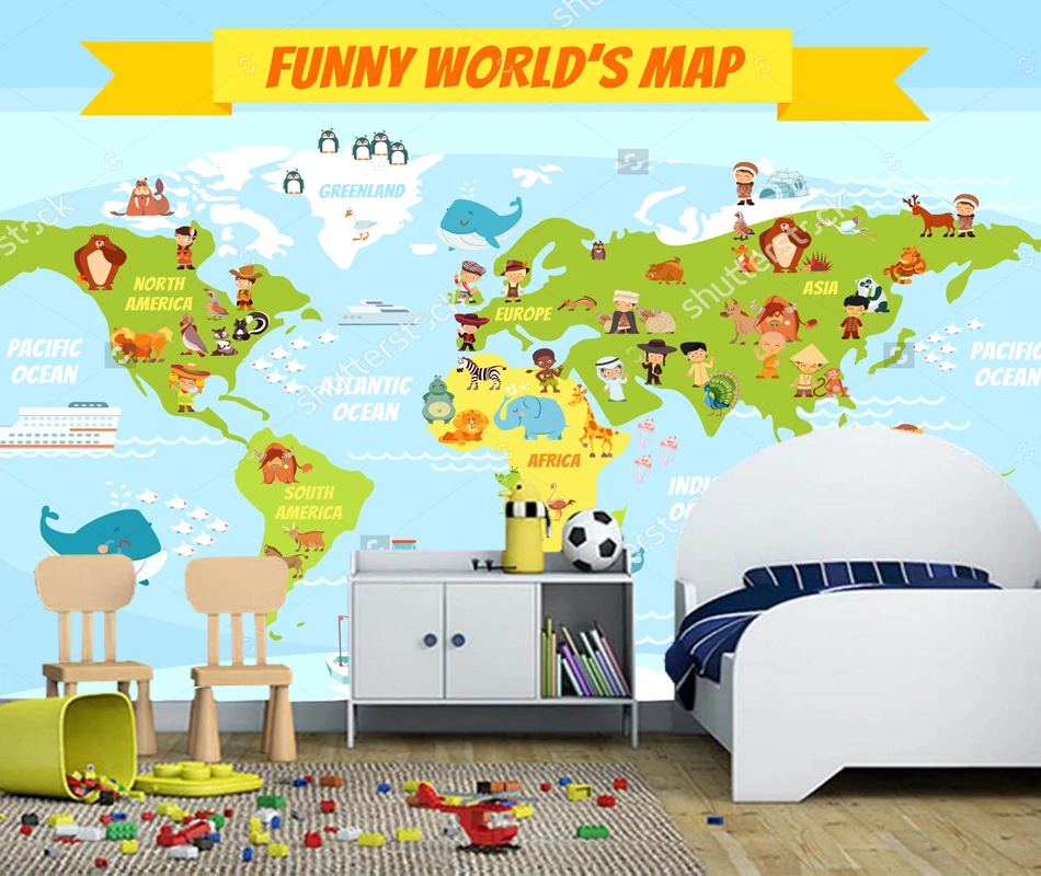 Children's Wallpaper, Funny Cartoon World Map With People Of Various  Nationalities And Animals For Boys And Girls Room Bedroom - Wallpapers -  AliExpress