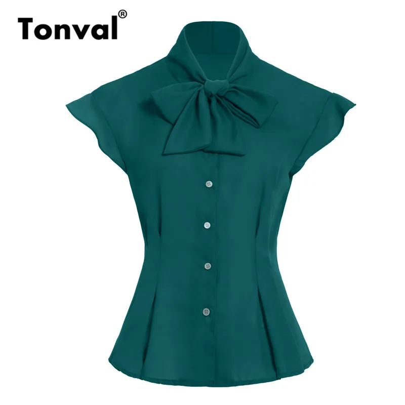 Office Blouses Neck-Tunic Women Tops Summer Shirt Chiffon Tonval Green Vintage Bow Bow-Tie