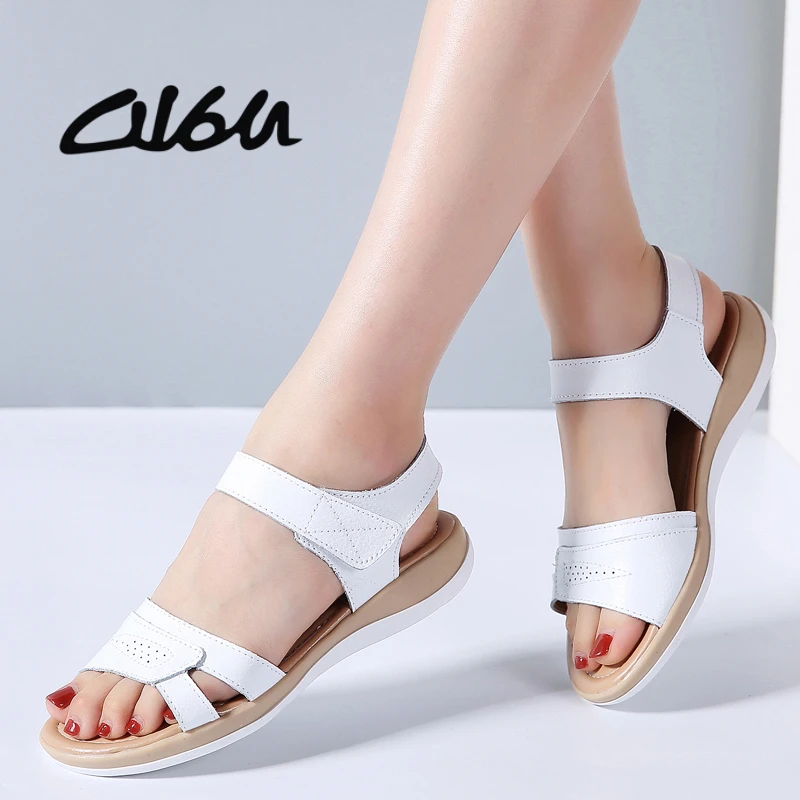 O16U 2018 sandalias de verano zapatos de mujer de tacón plano cuero genuino sandalias casuales clásicas t strap sandalias de playa Punta abierta gladiador|Sandalias de mujer| AliExpress