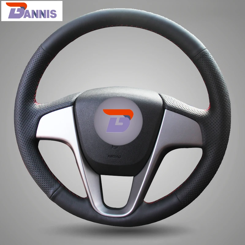 BANNIS Black Artificial Leather DIY Hand stitched Steering Wheel Cover for Hyundai Solaris Verna I20 Accent