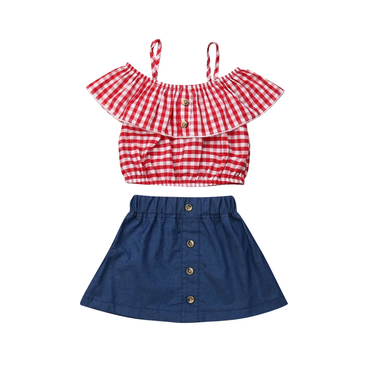 2Pcs Toddlers Baby Girls Outfits Plaid Off-Shouler Crop Top Shirt Ruffle Skirt Set
