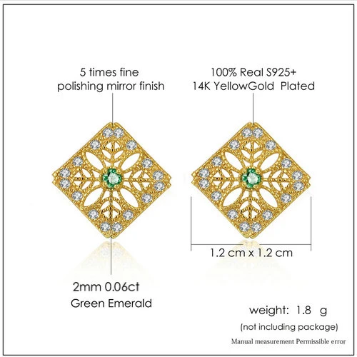 925 пробы женские серебряные серьги с драгоценным камнем, изумруд, позолоченные ювелирные изделия, изысканные полые серьги S925 LMEI039