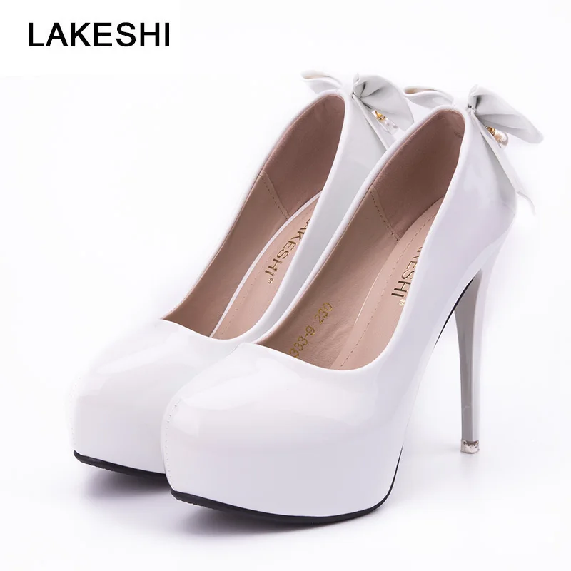 

LAKESHI Women Ivory White High Heel Pumps Womans Platform Wedding Bridal Shoes Bowknot Patent Leather Brand Shoes