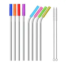 Соломинки многократного использования из нержавеющей стали прямые и гнутые металлические соломинки с силиконовыми наконечниками Чистящая Щетка бар Питьевая солома