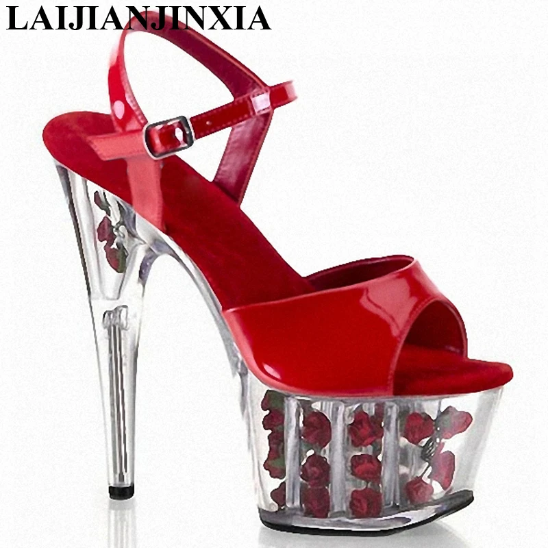LAIJIANJINXIA New Ankle Strap High Heel Sandals 15Cm Heel Clear Rose Flower Spike Heel Shoes 
