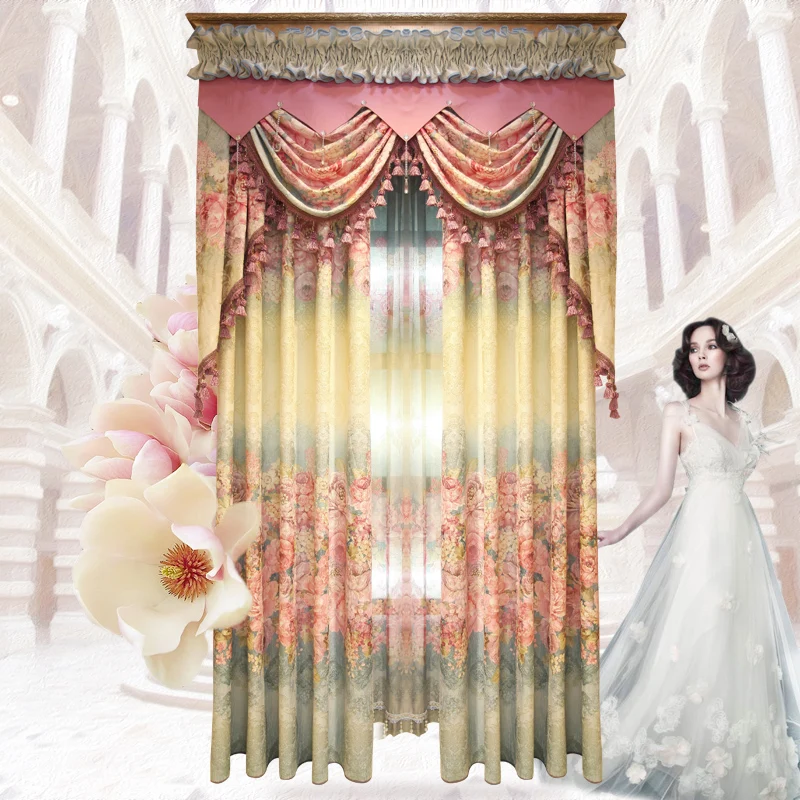 

Custom curtain European pastoral living room curtain Woven gold printing process cloth blackout curtain valance tulle E630