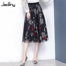 Юбки из тюля размера плюс 4XL, Женская юбка с высокой талией, эластичная черная плиссированная юбка миди с цветочным принтом, Faldas Mujer Moda