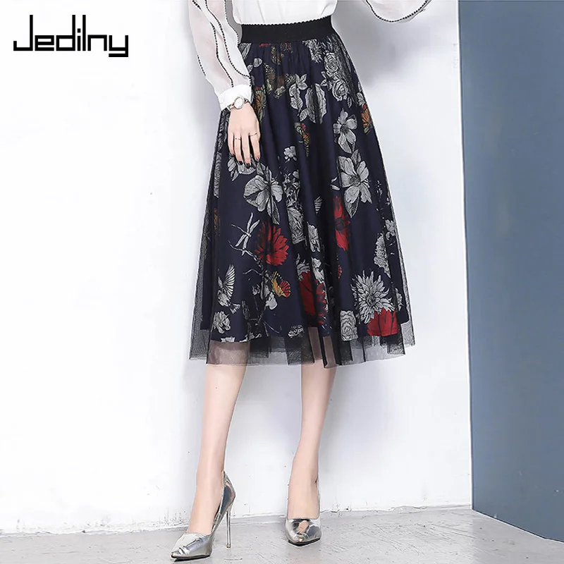 

Plus Size 4XL Tulle Skirts Women's High Waist Skirt Floral Print Elastic Black Midi Pleated Skirt Faldas Mujer Moda 2019