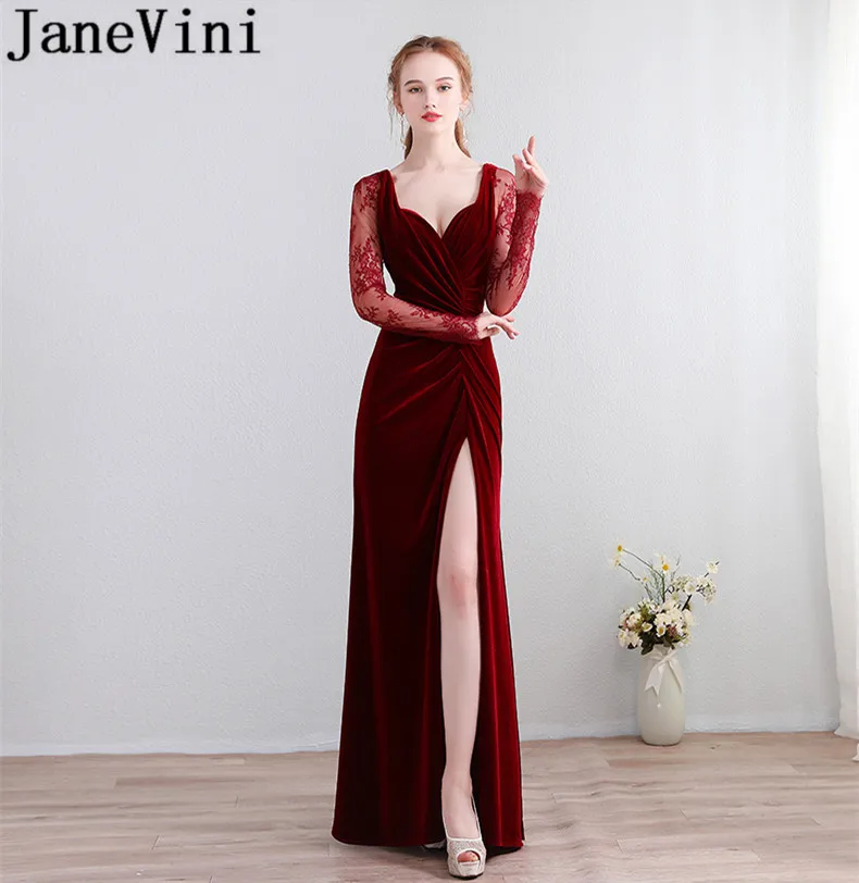 JaneVini Vestidos Bourgondië Fluwelen Godmother Bruiloft Jurk Side Split Lange Mouwen Mermaid Moeder Van De Bruid Jurken 2018 JaneVini Vestidos Bourgondië Fluwelen Godmother Bruiloft Jurk Side Split Lange Mouwen Mermaid Moeder Van De Bruid Jurken 2018