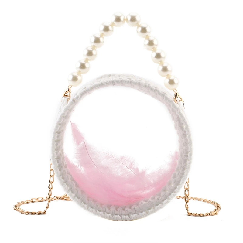 

Candy Color Hand-Woven Bag Small Fragrance Wind Acrylic Feather Transparent Bag Pearl Small Round Bag Beach Handbag